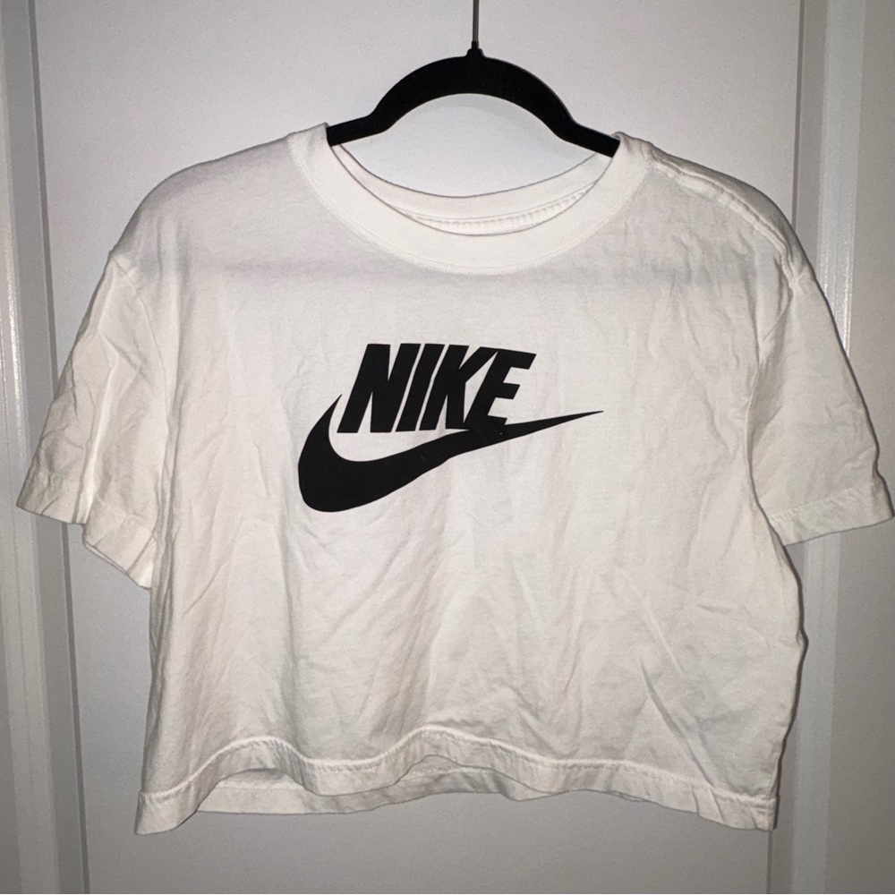 Nike White Cropped Logo Tee with Black Swoosh